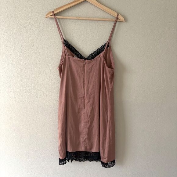 Sky and Sparrow Dusty Rose Satin Black Lace Lined Bodice Slip Mini Dress Size L - Picture 3 of 5